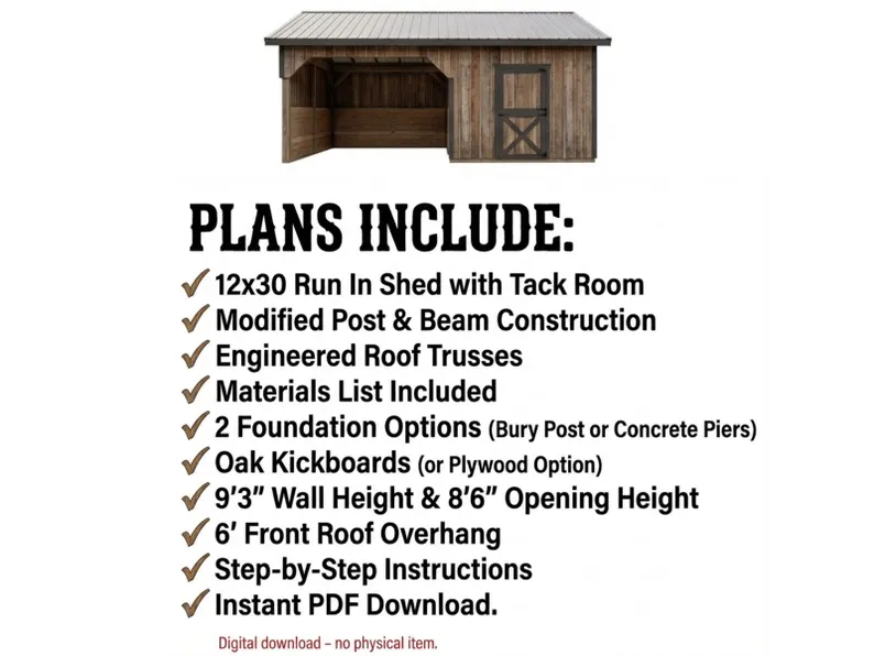12x30 Run In Shed Plans with Tack Room | Post and Beam Horse Barn Blueprint 4 12x30 Run In Shed Plans with Tack Room | Post and Beam Horse Barn Blueprint - Image 4