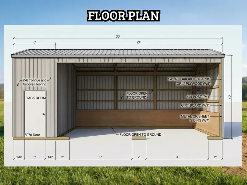12x30 Run In Shed Plans with Tack Room | Post and Beam Horse Barn Blueprint 3 12x30 Run In Shed Plans with Tack Room