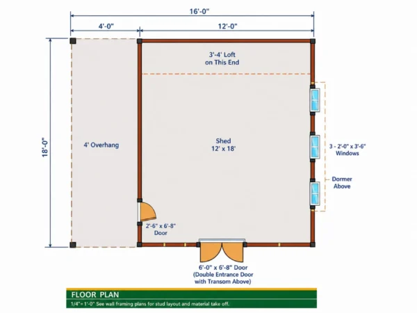 16x18 Dormer Shed Plans with Porch And Loft