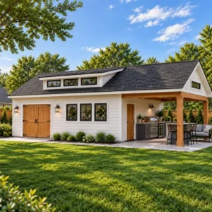 16×32 Storage Shed Plans with 8′ Covered BBQ Area