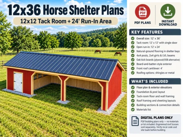 12x36 Horse Run-In Shed Plans