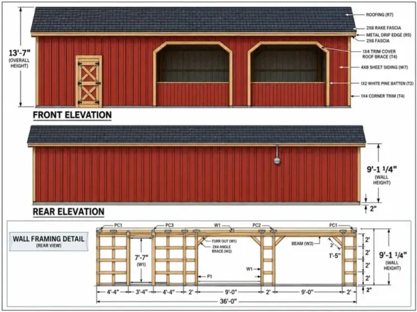 12x36 Horse Run-In Shed Plans